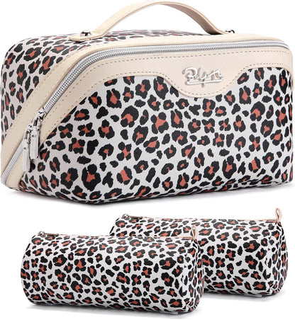 Travel Makeup Bags Cosmetic Organizer Bag: 3-Set Large Capacity Make up Bag - PU Leather Toiletry Bags for Women - Wide Open Portable Pouch with Divider & Handle (02-Light Green)