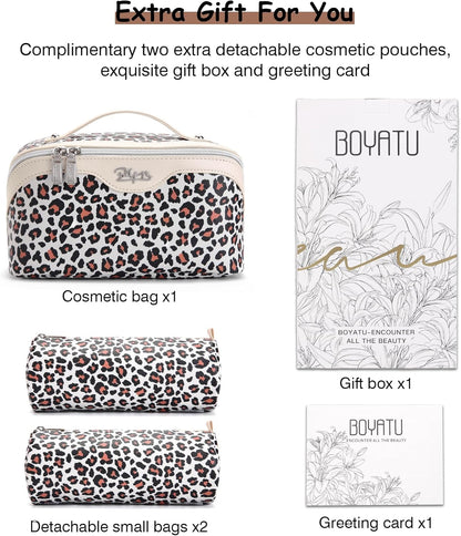 Travel Makeup Bags Cosmetic Organizer Bag: 3-Set Large Capacity Make up Bag - PU Leather Toiletry Bags for Women - Wide Open Portable Pouch with Divider & Handle (02-Light Green)