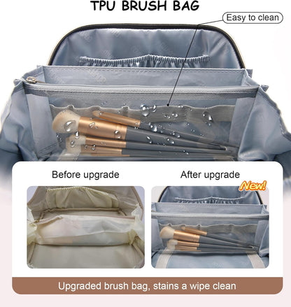 Travel Makeup Bags Cosmetic Organizer Bag: 3-Set Large Capacity Make up Bag - PU Leather Toiletry Bags for Women - Wide Open Portable Pouch with Divider & Handle (02-Light Green)