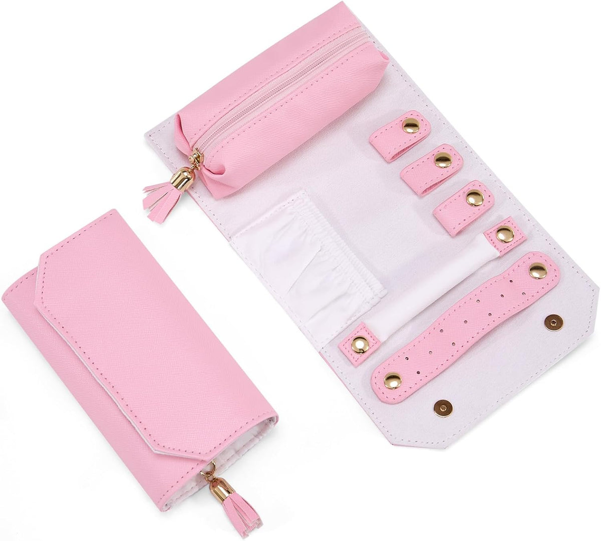 Travel Jewelry Roll Organizer, Small PU Leather Case for Necklaces | Soft lined interior, 3 necklace snap tabs, pendant pockets, ring strip and earring panel for compact travel storage，Purple