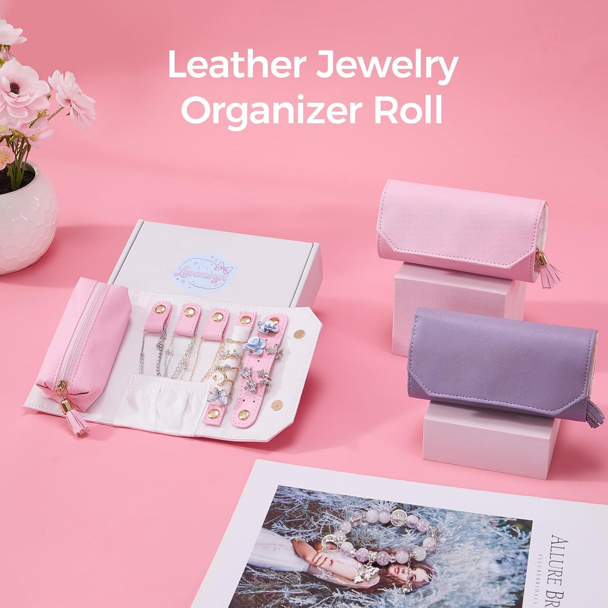 Travel Jewelry Roll Organizer, Small PU Leather Case for Necklaces | Soft lined interior, 3 necklace snap tabs, pendant pockets, ring strip and earring panel for compact travel storage，Purple