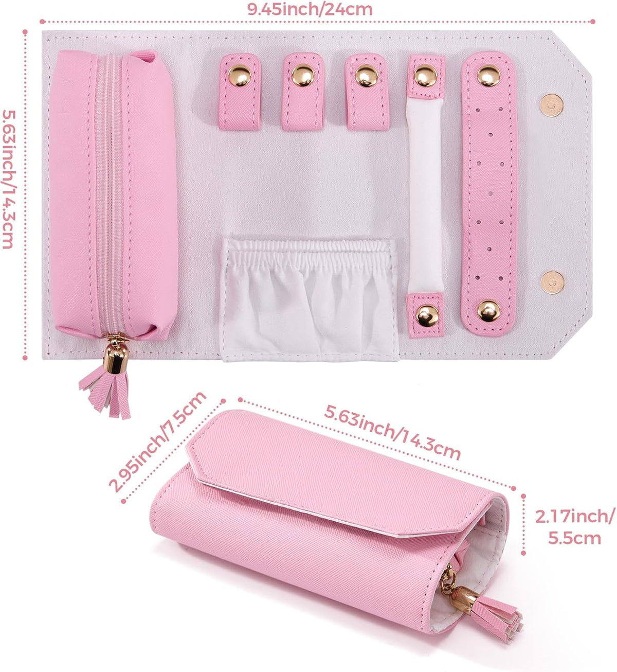 Travel Jewelry Roll Organizer, Small PU Leather Case for Necklaces | Soft lined interior, 3 necklace snap tabs, pendant pockets, ring strip and earring panel for compact travel storage，Purple