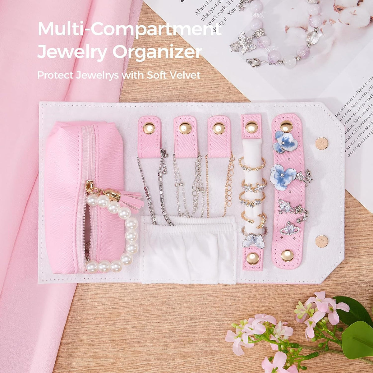 Travel Jewelry Roll Organizer, Small PU Leather Case for Necklaces | Soft lined interior, 3 necklace snap tabs, pendant pockets, ring strip and earring panel for compact travel storage，Purple