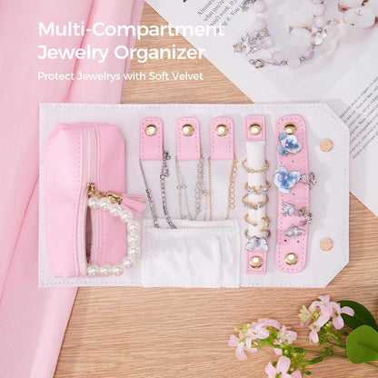Travel Jewelry Roll Organizer, Small PU Leather Case for Necklaces | Soft lined interior, 3 necklace snap tabs, pendant pockets, ring strip and earring panel for compact travel storage，Purple