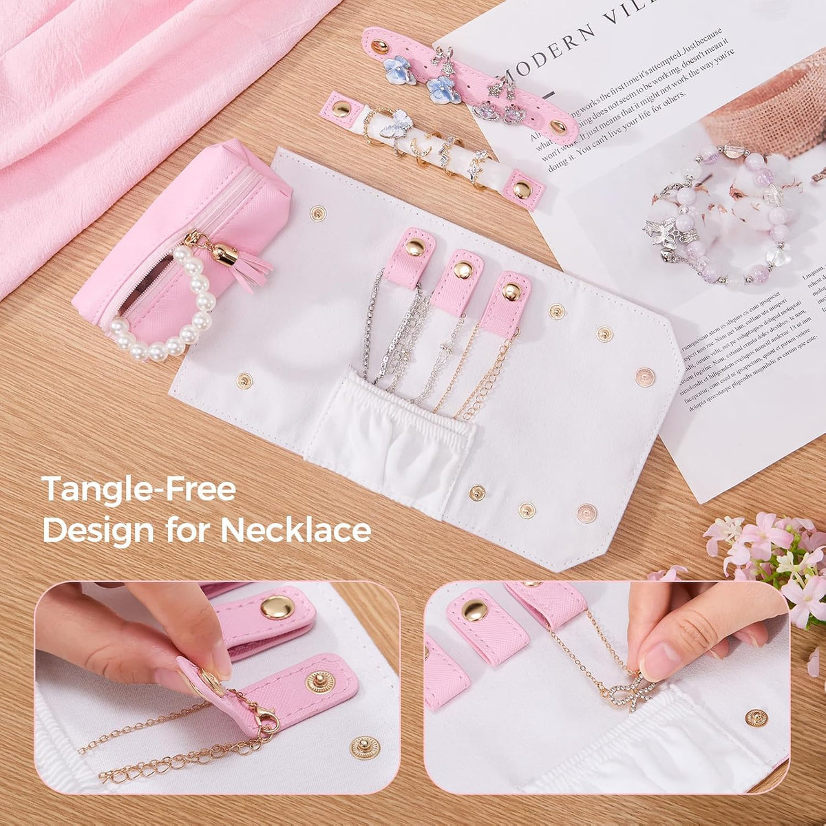 Travel Jewelry Roll Organizer, Small PU Leather Case for Necklaces | Soft lined interior, 3 necklace snap tabs, pendant pockets, ring strip and earring panel for compact travel storage，Purple