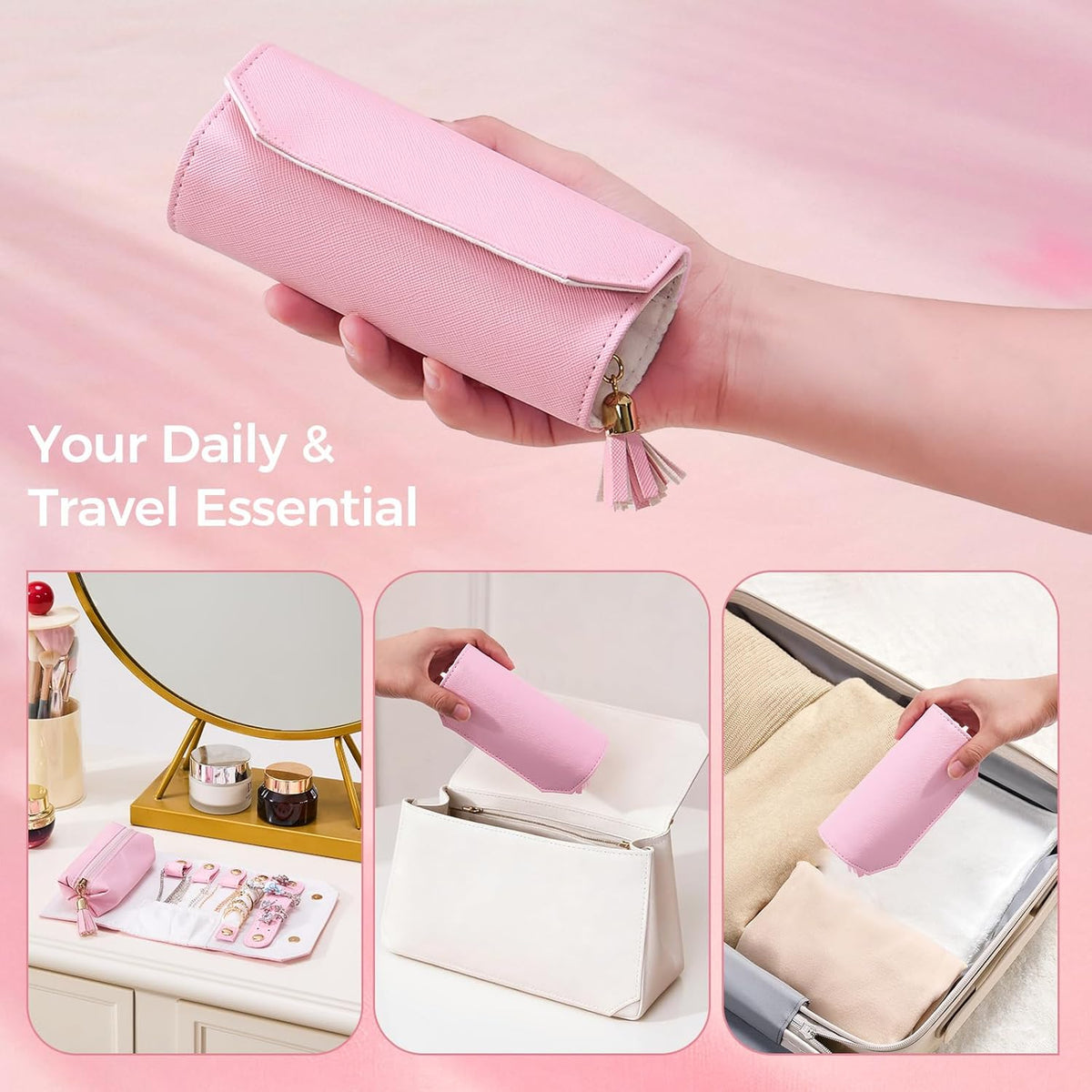 Travel Jewelry Roll Organizer, Small PU Leather Case for Necklaces | Soft lined interior, 3 necklace snap tabs, pendant pockets, ring strip and earring panel for compact travel storage，Purple