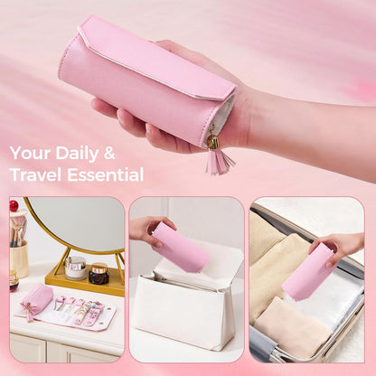 Travel Jewelry Roll Organizer, Small PU Leather Case for Necklaces | Soft lined interior, 3 necklace snap tabs, pendant pockets, ring strip and earring panel for compact travel storage，Purple