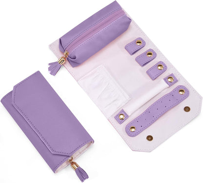 Travel Jewelry Roll Organizer, Small PU Leather Case for Necklaces | Soft lined interior, 3 necklace snap tabs, pendant pockets, ring strip and earring panel for compact travel storage，Purple