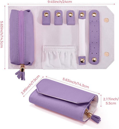 Travel Jewelry Roll Organizer, Small PU Leather Case for Necklaces | Soft lined interior, 3 necklace snap tabs, pendant pockets, ring strip and earring panel for compact travel storage，Purple