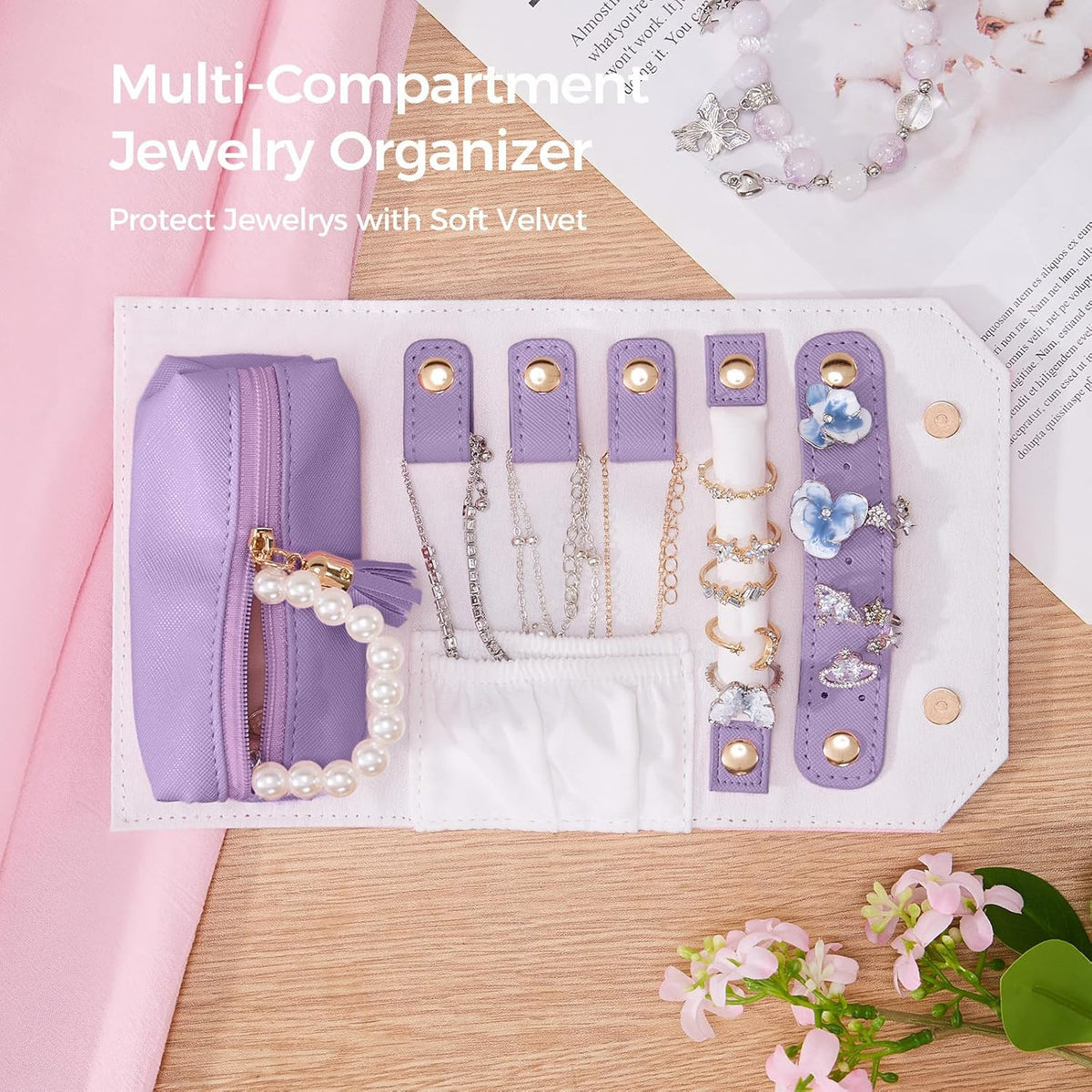 Travel Jewelry Roll Organizer, Small PU Leather Case for Necklaces | Soft lined interior, 3 necklace snap tabs, pendant pockets, ring strip and earring panel for compact travel storage，Purple