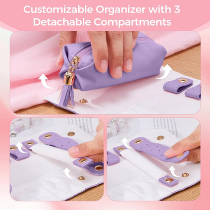 Travel Jewelry Roll Organizer, Small PU Leather Case for Necklaces | Soft lined interior, 3 necklace snap tabs, pendant pockets, ring strip and earring panel for compact travel storage，Purple