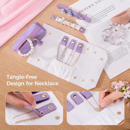 Travel Jewelry Roll Organizer, Small PU Leather Case for Necklaces | Soft lined interior, 3 necklace snap tabs, pendant pockets, ring strip and earring panel for compact travel storage，Purple