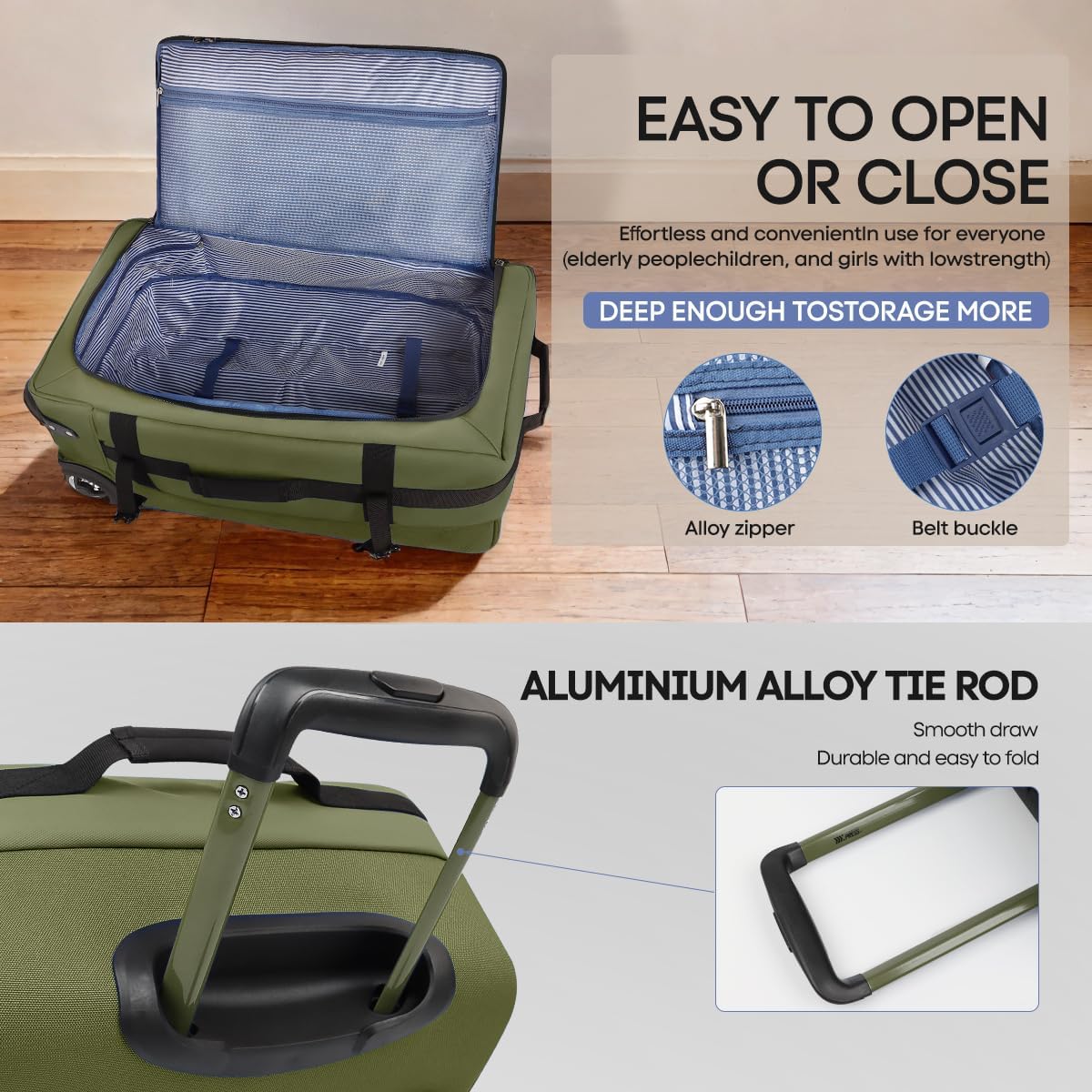 26'' Rolling Duffle Bag with Wheels,Rolling Duffle Bag w/Handle,Carry on Luggage Travel Duffle Bags for Man Women（26,Armygreen）