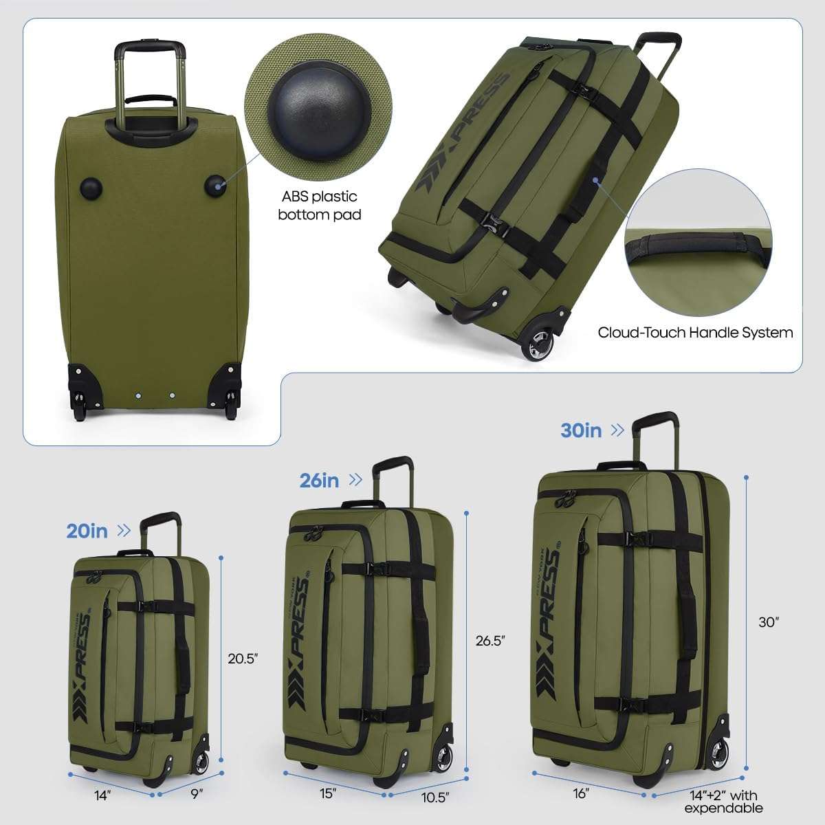 26'' Rolling Duffle Bag with Wheels,Rolling Duffle Bag w/Handle,Carry on Luggage Travel Duffle Bags for Man Women（26,Armygreen）
