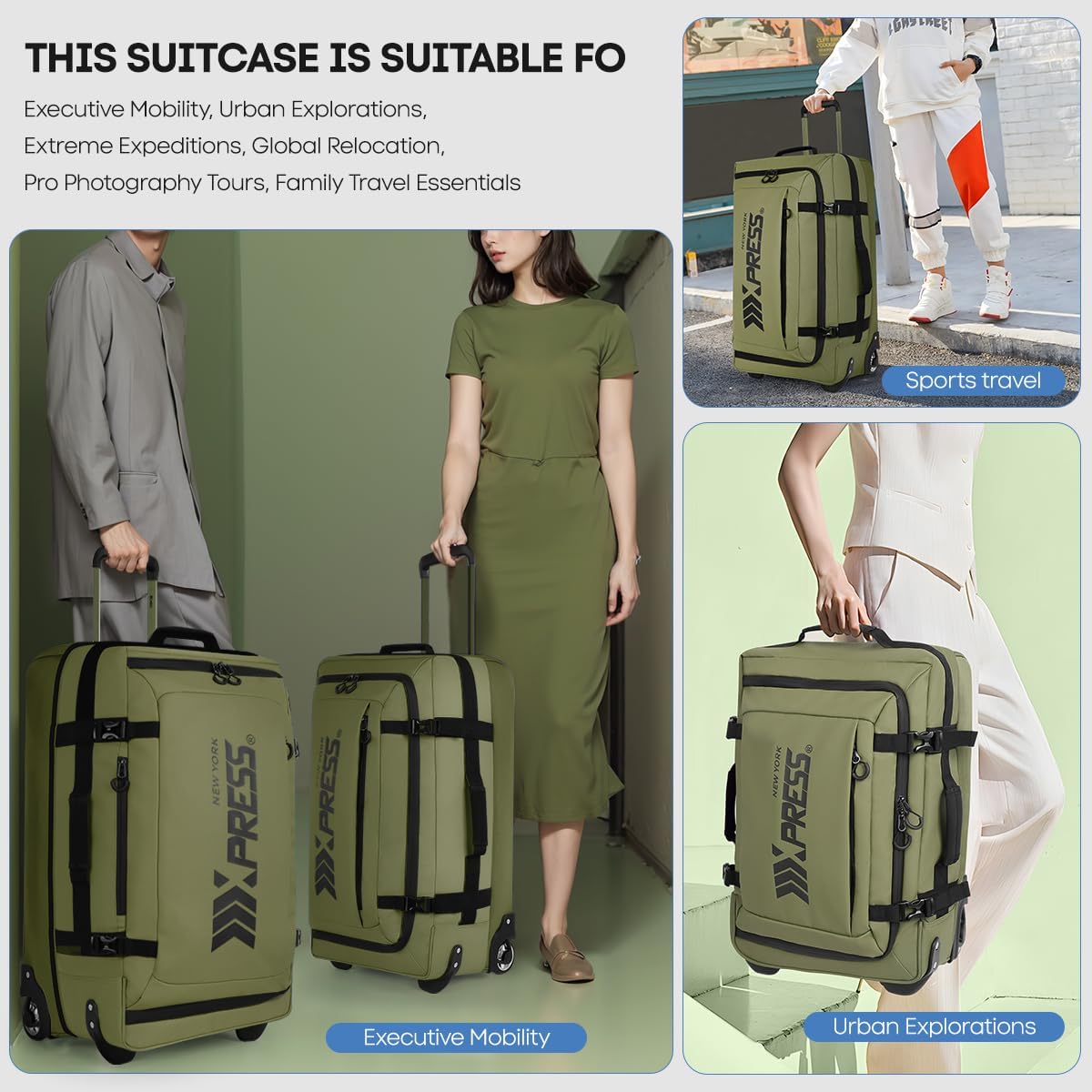 26'' Rolling Duffle Bag with Wheels,Rolling Duffle Bag w/Handle,Carry on Luggage Travel Duffle Bags for Man Women（26,Armygreen）