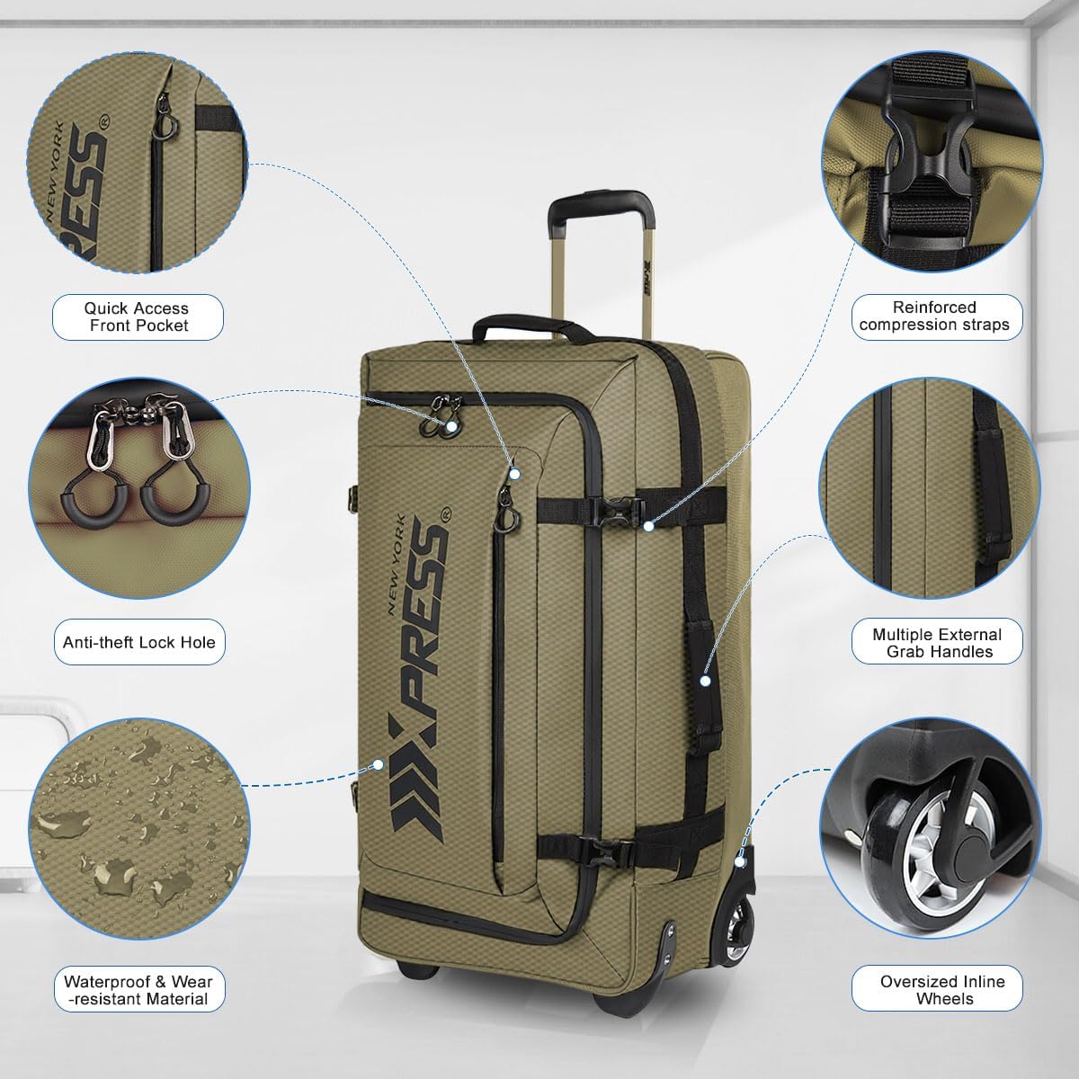 26'' Rolling Duffle Bag with Wheels,Rolling Duffle Bag w/Handle,Carry on Luggage Travel Duffle Bags for Man Women（26,Armygreen）