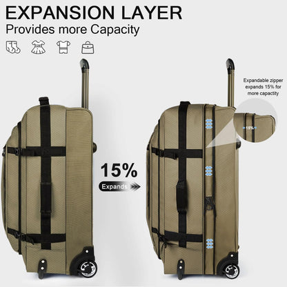 26'' Rolling Duffle Bag with Wheels,Rolling Duffle Bag w/Handle,Carry on Luggage Travel Duffle Bags for Man Women（26,Armygreen）