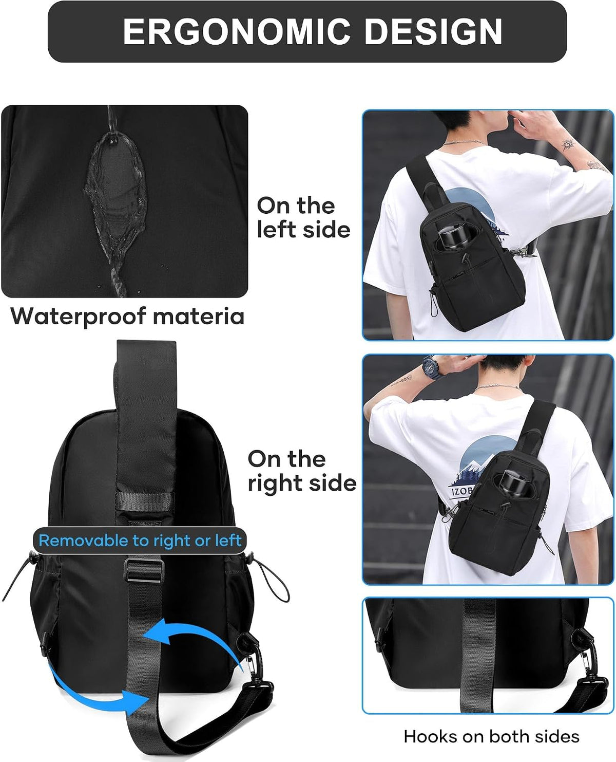Black Sling Crossbody Bag for Men Women, Tactical Backpack Shoulder Daypack Mini Anti-Theft Cross Body Motorcycle Chest Bags, Small One Strap Fanny Back Pack for Casual Travel Hiking Sport Gym