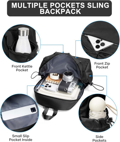 Black Sling Crossbody Bag for Men Women, Tactical Backpack Shoulder Daypack Mini Anti-Theft Cross Body Motorcycle Chest Bags, Small One Strap Fanny Back Pack for Casual Travel Hiking Sport Gym