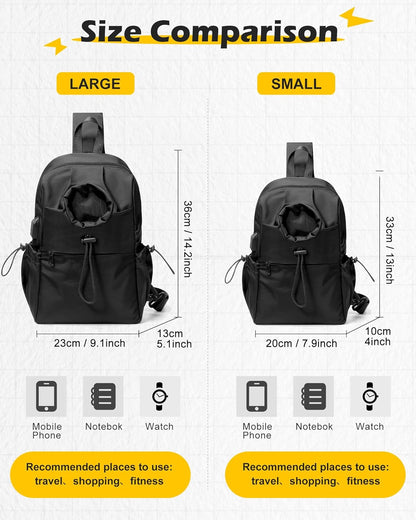 Black Sling Crossbody Bag for Men Women, Tactical Backpack Shoulder Daypack Mini Anti-Theft Cross Body Motorcycle Chest Bags, Small One Strap Fanny Back Pack for Casual Travel Hiking Sport Gym