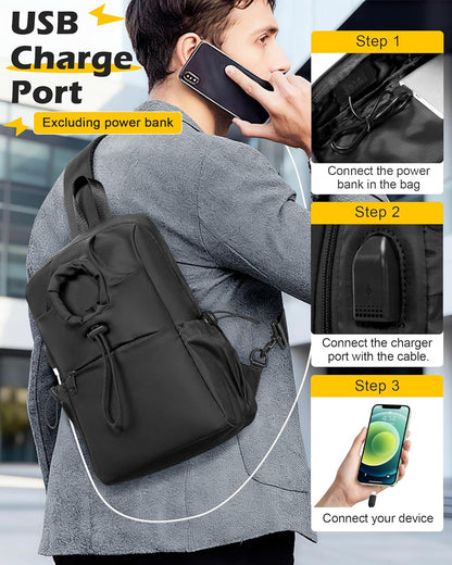 Black Sling Crossbody Bag for Men Women, Tactical Backpack Shoulder Daypack Mini Anti-Theft Cross Body Motorcycle Chest Bags, Small One Strap Fanny Back Pack for Casual Travel Hiking Sport Gym