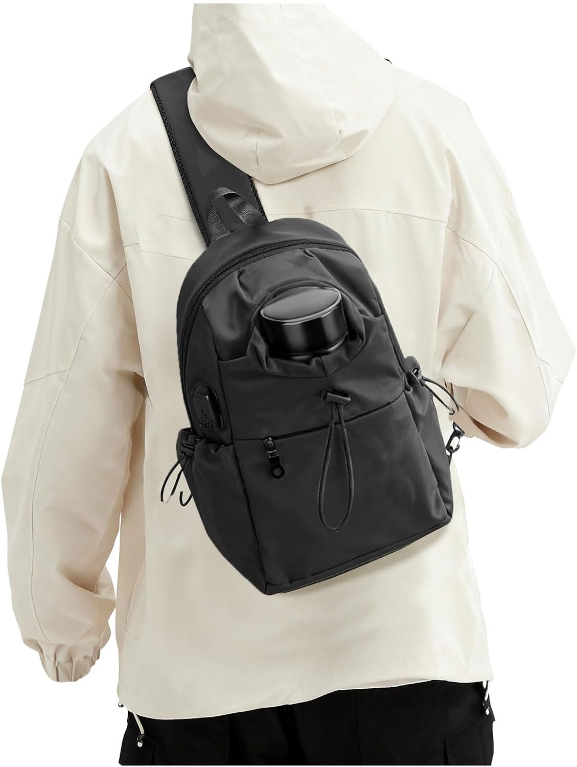 Black Sling Crossbody Bag for Men Women, Tactical Backpack Shoulder Daypack Mini Anti-Theft Cross Body Motorcycle Chest Bags, Small One Strap Fanny Back Pack for Casual Travel Hiking Sport Gym