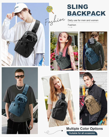 Black Sling Crossbody Bag for Men Women, Tactical Backpack Shoulder Daypack Mini Anti-Theft Cross Body Motorcycle Chest Bags, Small One Strap Fanny Back Pack for Casual Travel Hiking Sport Gym