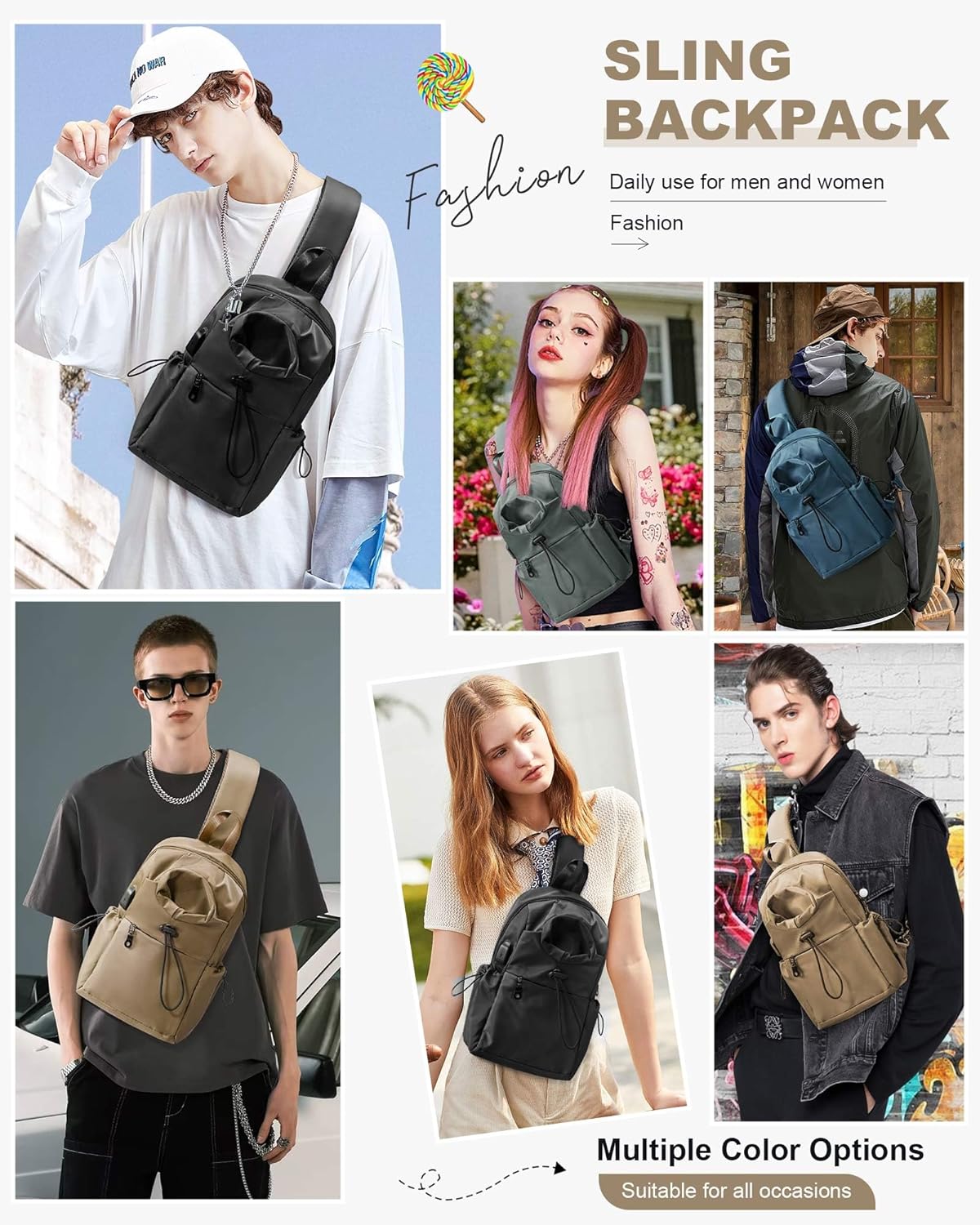 Black Sling Crossbody Bag for Men Women, Tactical Backpack Shoulder Daypack Mini Anti-Theft Cross Body Motorcycle Chest Bags, Small One Strap Fanny Back Pack for Casual Travel Hiking Sport Gym