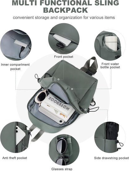 Black Sling Crossbody Bag for Men Women, Tactical Backpack Shoulder Daypack Mini Anti-Theft Cross Body Motorcycle Chest Bags, Small One Strap Fanny Back Pack for Casual Travel Hiking Sport Gym