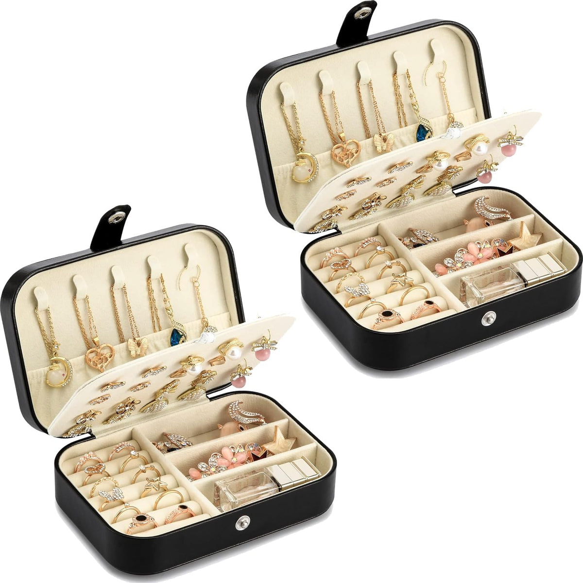Travel Jewelry Box, PU leather Small Jewelry Organizer For Female Girls, double layer portable mini travel case for storing earrings, rings, necklaces.(Black)