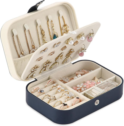 Travel Jewelry Box, PU leather Small Jewelry Organizer For Female Girls, double layer portable mini travel case for storing earrings, rings, necklaces.(Black)