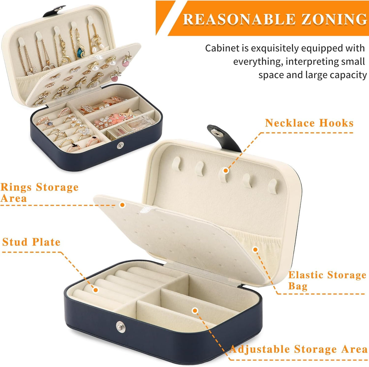 Travel Jewelry Box, PU leather Small Jewelry Organizer For Female Girls, double layer portable mini travel case for storing earrings, rings, necklaces.(Black)