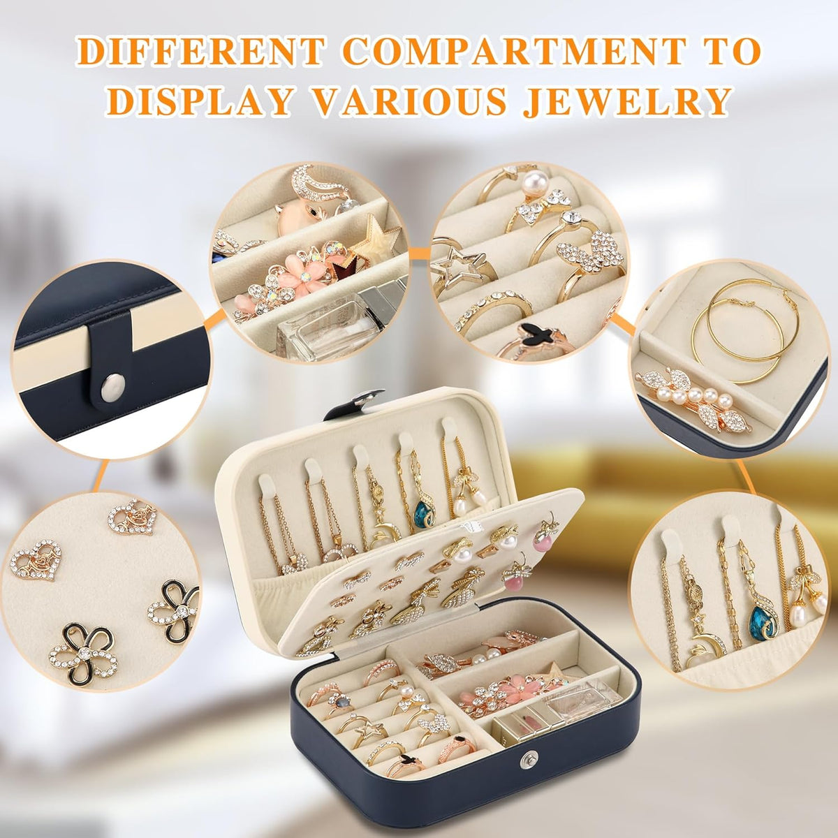 Travel Jewelry Box, PU leather Small Jewelry Organizer For Female Girls, double layer portable mini travel case for storing earrings, rings, necklaces.(Black)