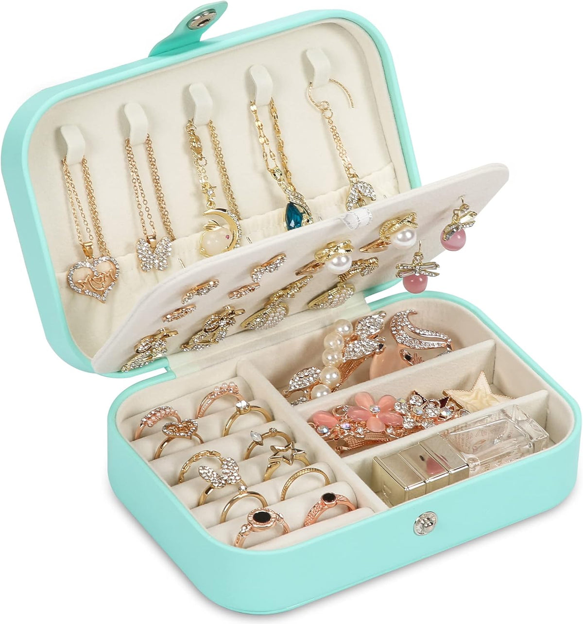 Travel Jewelry Box, PU leather Small Jewelry Organizer For Female Girls, double layer portable mini travel case for storing earrings, rings, necklaces.(Black)