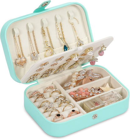 Travel Jewelry Box, PU leather Small Jewelry Organizer For Female Girls, double layer portable mini travel case for storing earrings, rings, necklaces.(Black)
