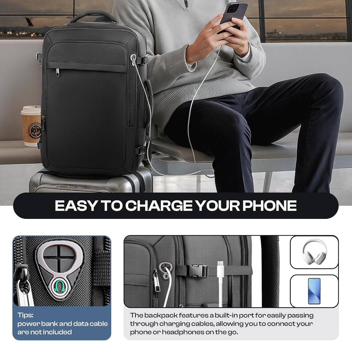 Carry on Backpack for 1-10 Days Trips, Extra Large 40L-50L Travel Backpack TSA Approved, Expandable Laptop Bagpack, Water Resistant Bag Compatible with 17.3 inch Laptops, Black