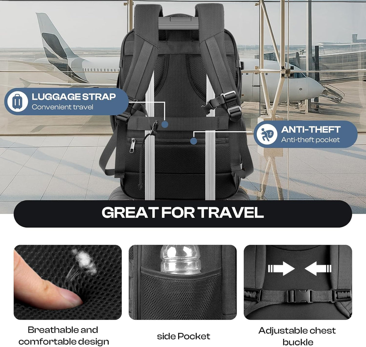 Carry on Backpack for 1-10 Days Trips, Extra Large 40L-50L Travel Backpack TSA Approved, Expandable Laptop Bagpack, Water Resistant Bag Compatible with 17.3 inch Laptops, Black