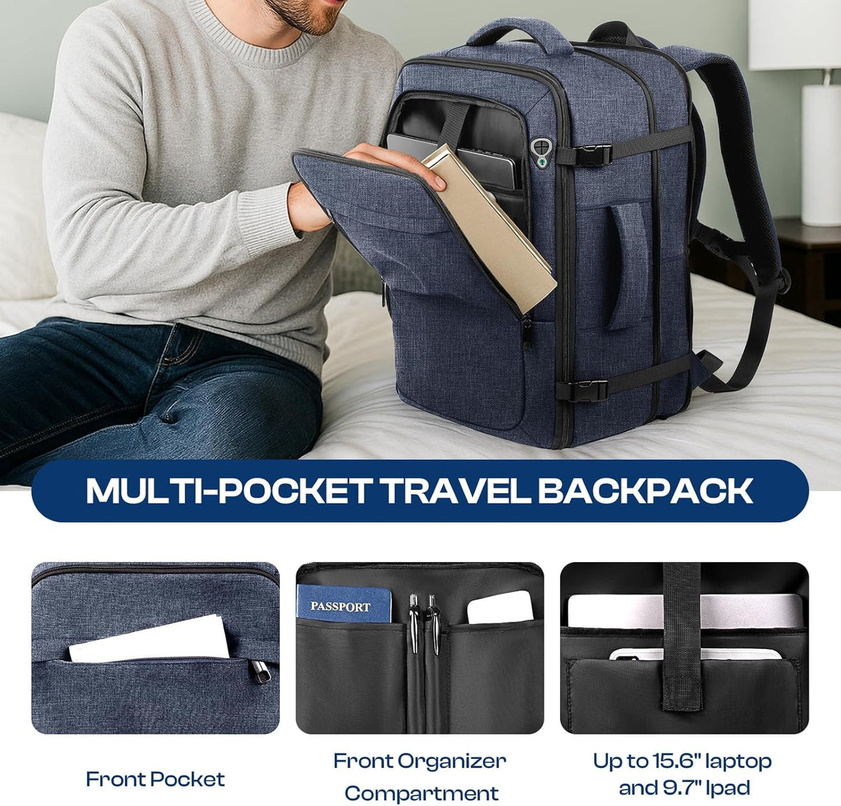 Carry on Backpack for 1-10 Days Trips, Extra Large 40L-50L Travel Backpack TSA Approved, Expandable Laptop Bagpack, Water Resistant Bag Compatible with 17.3 inch Laptops, Black