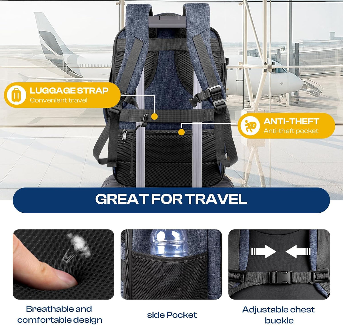 Carry on Backpack for 1-10 Days Trips, Extra Large 40L-50L Travel Backpack TSA Approved, Expandable Laptop Bagpack, Water Resistant Bag Compatible with 17.3 inch Laptops, Black