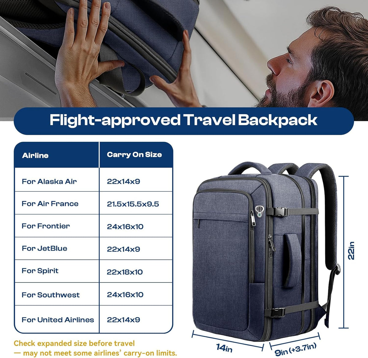 Carry on Backpack for 1-10 Days Trips, Extra Large 40L-50L Travel Backpack TSA Approved, Expandable Laptop Bagpack, Water Resistant Bag Compatible with 17.3 inch Laptops, Black