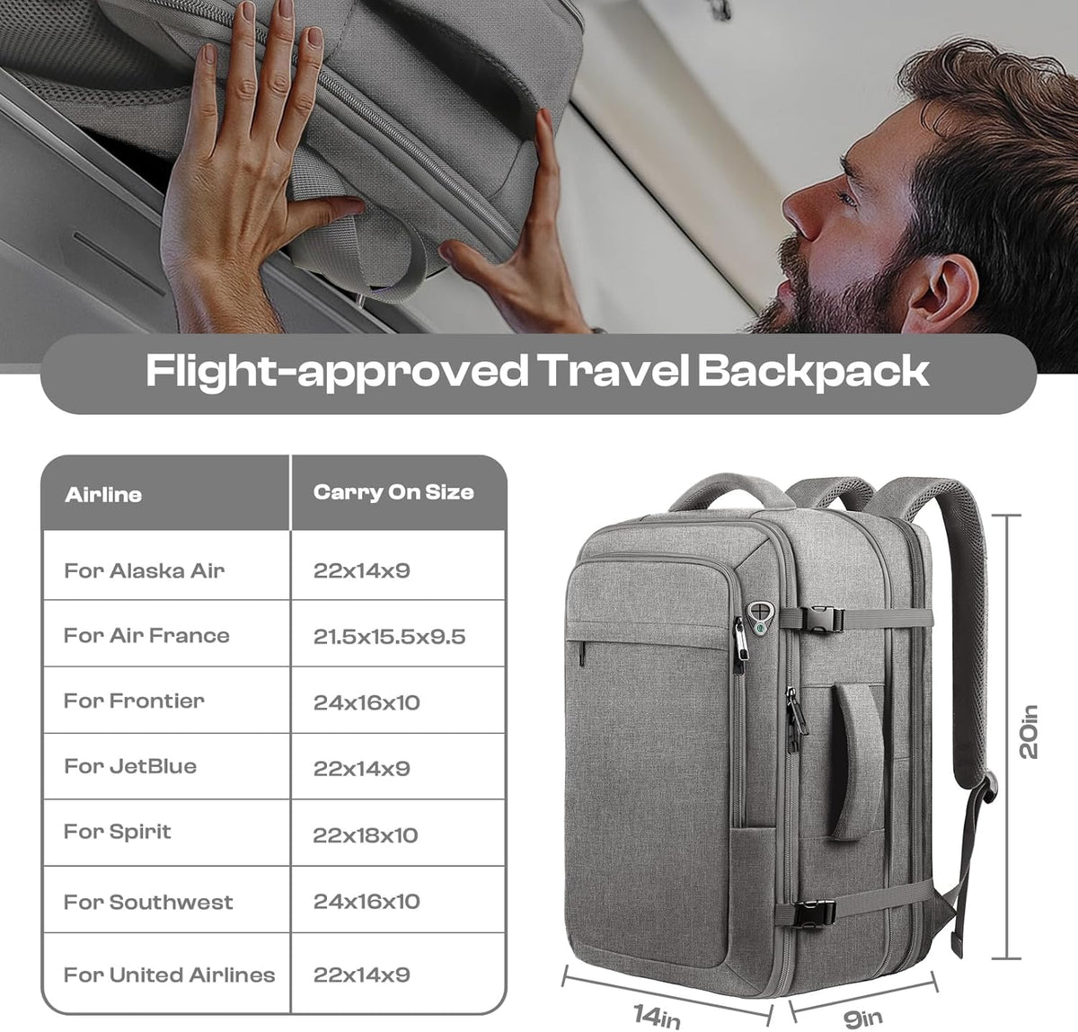 Carry on Backpack for 1-10 Days Trips, Extra Large 40L-50L Travel Backpack TSA Approved, Expandable Laptop Bagpack, Water Resistant Bag Compatible with 17.3 inch Laptops, Black