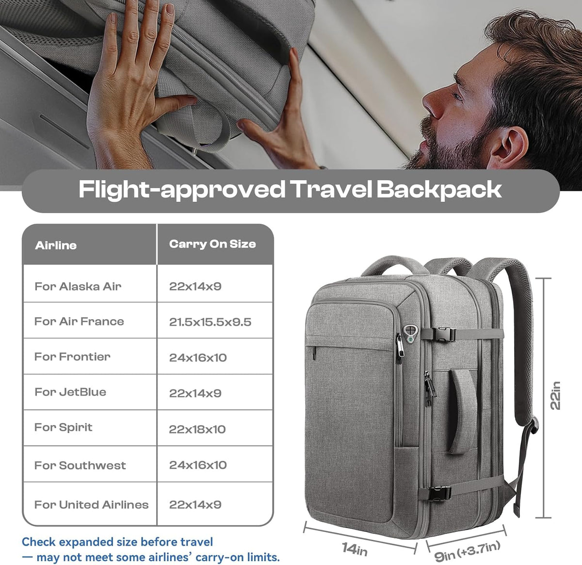 Carry on Backpack for 1-10 Days Trips, Extra Large 40L-50L Travel Backpack TSA Approved, Expandable Laptop Bagpack, Water Resistant Bag Compatible with 17.3 inch Laptops, Black