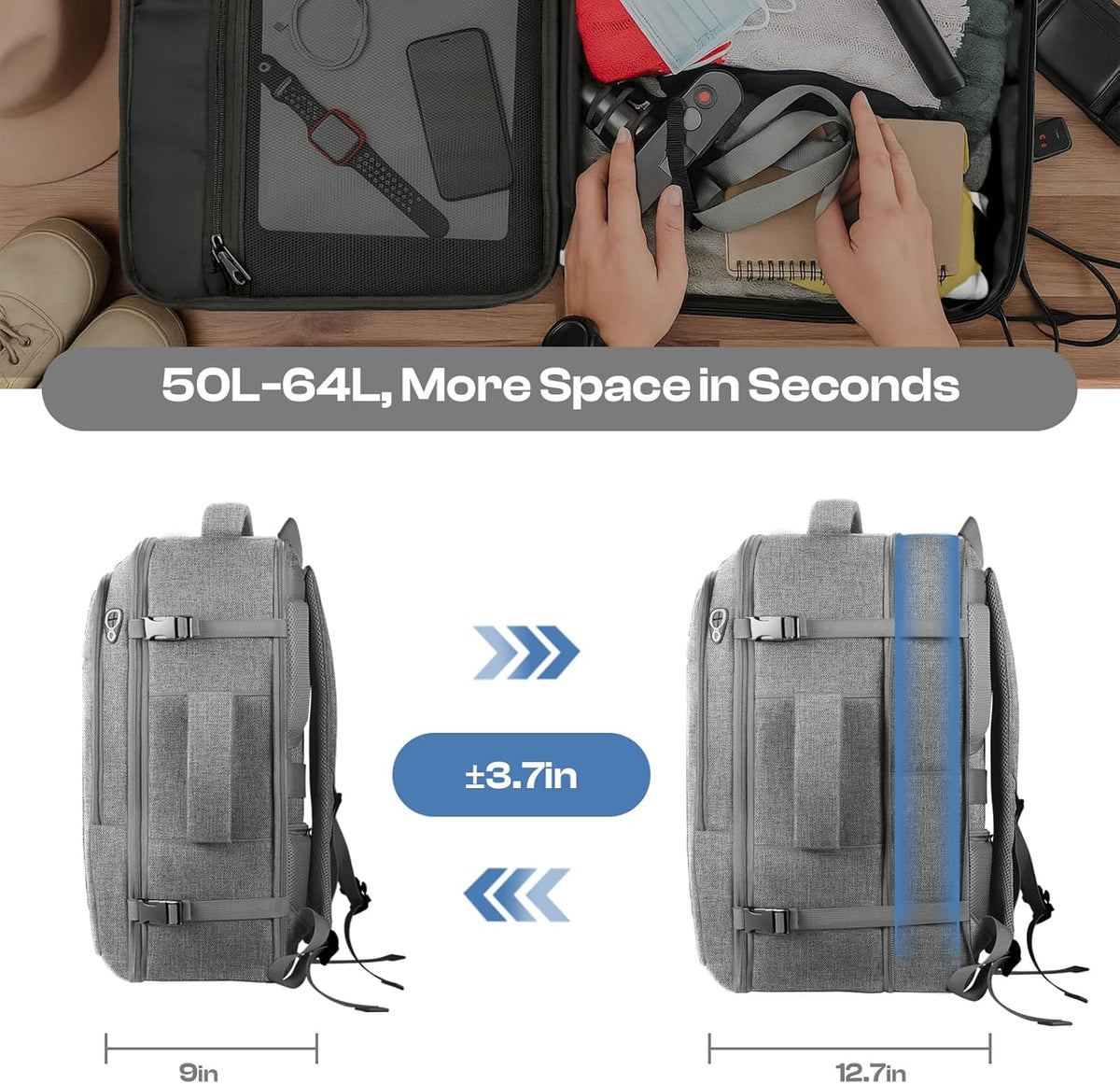 Carry on Backpack for 1-10 Days Trips, Extra Large 40L-50L Travel Backpack TSA Approved, Expandable Laptop Bagpack, Water Resistant Bag Compatible with 17.3 inch Laptops, Black