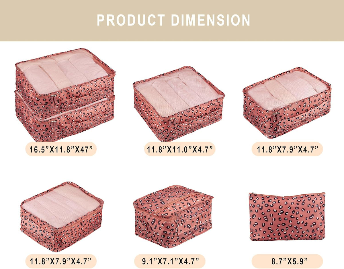 7 Set Travel Packing Organizers Cubes Luggage Suitcase Organizer Bags Clothes Underwear Cube Shoe Pouch Pack Pink Leopard