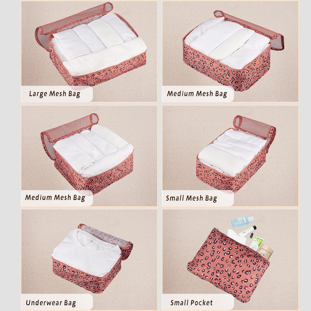 7 Set Travel Packing Organizers Cubes Luggage Suitcase Organizer Bags Clothes Underwear Cube Shoe Pouch Pack Pink Leopard