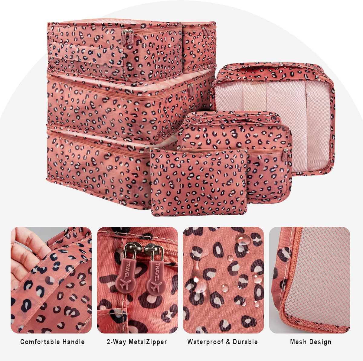 7 Set Travel Packing Organizers Cubes Luggage Suitcase Organizer Bags Clothes Underwear Cube Shoe Pouch Pack Pink Leopard
