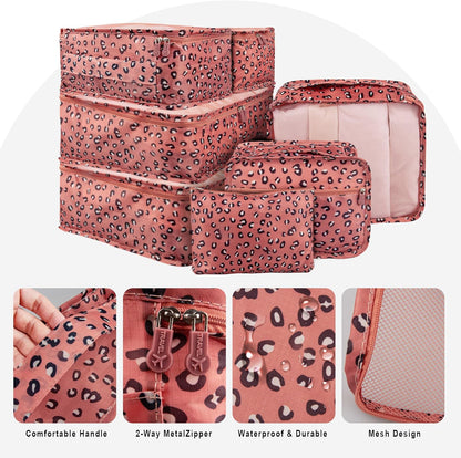 7 Set Travel Packing Organizers Cubes Luggage Suitcase Organizer Bags Clothes Underwear Cube Shoe Pouch Pack Pink Leopard
