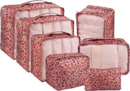 7 Set Travel Packing Organizers Cubes Luggage Suitcase Organizer Bags Clothes Underwear Cube Shoe Pouch Pack Pink Leopard