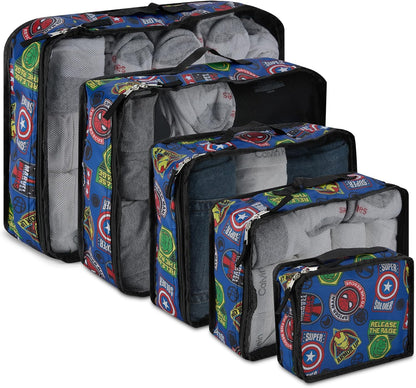 Comics 5-Piece Packing Cube Set - Spiderman, Ironman, Captain America - 5 Piece Packing Cubes Compression Travel Essential Accessories - Luggage Suitcase Organizer Set - For Kids, Adults