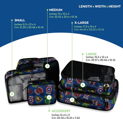 Comics 5-Piece Packing Cube Set - Spiderman, Ironman, Captain America - 5 Piece Packing Cubes Compression Travel Essential Accessories - Luggage Suitcase Organizer Set - For Kids, Adults